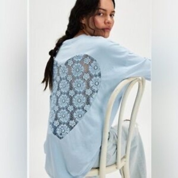 DAYDREAMER Baby Blue Lace Heart Long Sleeve Oversized T Shirt Top Made in USA - Picture 7 of 7